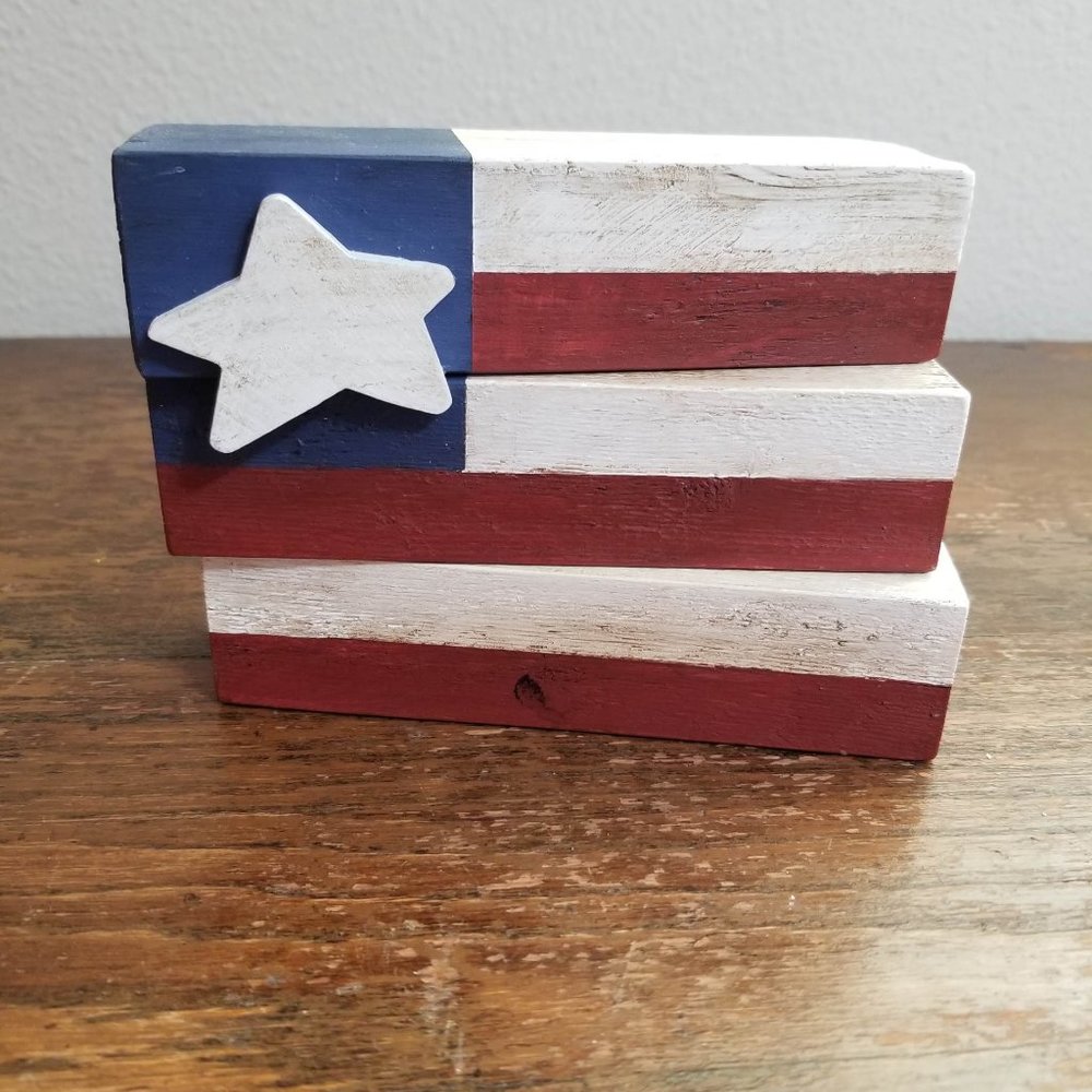 American Flag, Fourth of July Decor, Hand Painted Set of 3 Blocks